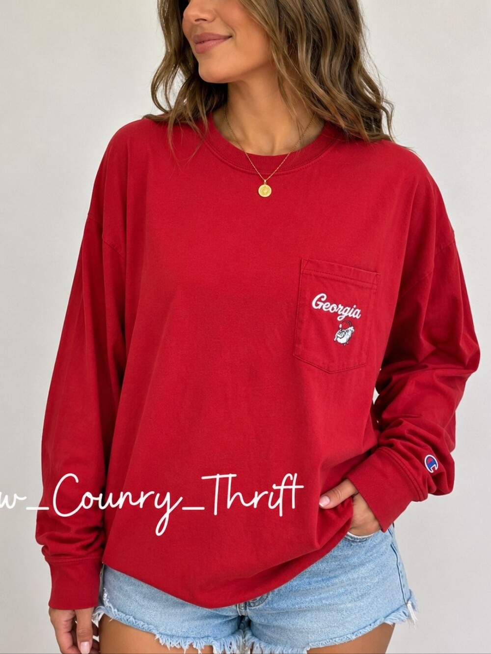 Champion Georgia Bulldogs Red Long Sleeve Pocket Tee NCAA Women's 2XL
